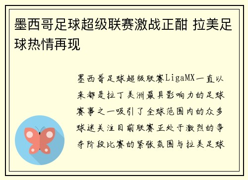 墨西哥足球超级联赛激战正酣 拉美足球热情再现