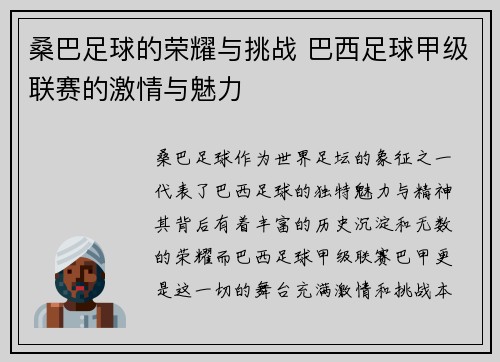 桑巴足球的荣耀与挑战 巴西足球甲级联赛的激情与魅力