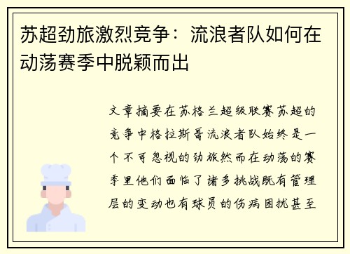 苏超劲旅激烈竞争：流浪者队如何在动荡赛季中脱颖而出