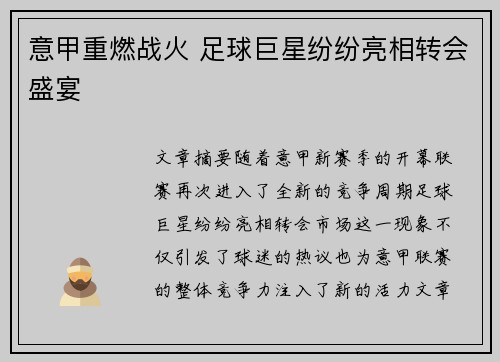 意甲重燃战火 足球巨星纷纷亮相转会盛宴