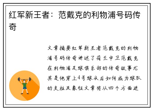 红军新王者：范戴克的利物浦号码传奇